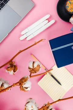Work computer on a pink background top view. Flat lay. Minimal concept. Stock Photos