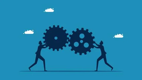 Work connection. Two businessmen connecting gears Stock Illustration