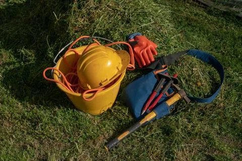 Work on construction sites, tools and individual protection. Stock Photos