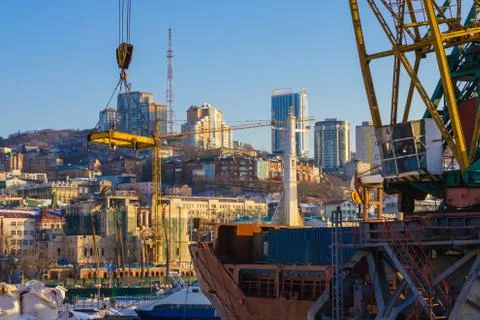 The work of the crane in the port. Stock Photos