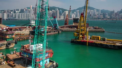 Work cranes and barges on construction of a new tunnel in Hong Kong. Stock Footage 56281891