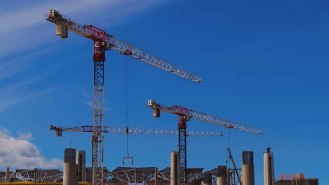The work of cranes on the construction of a new terminal at Pulkovo Airport Stock Footage 92208062