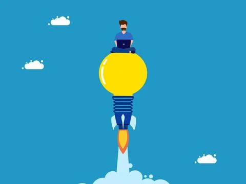 Work with creativity. man working on lightbulb rocket soaring in the sky Stock Illustration