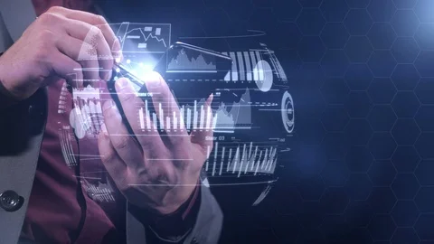 Work with data via smartphone and infographic hologram 스톡 동영상 121323128