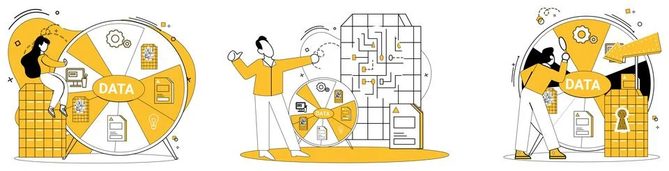 Work with data vector illustration. Analyzing statistics is artisans touch in 스톡 일러스트