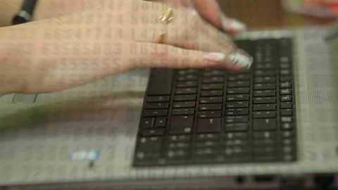 Work day.Woman typing with laptop.Binary code. Stock Footage 89621283