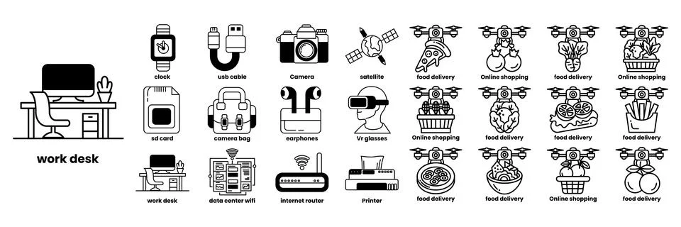 A work desk with a computer, a keyboard, a mouse, a cell phone, a watch Stock Illustration