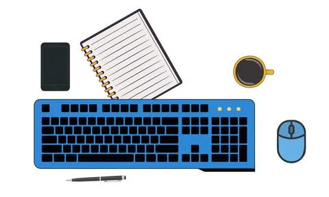 Work desk with a computer, keyboard, mouse and lamp 스톡 일러스트