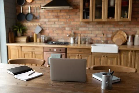 Work desk with computer in trendy apartment interior Stock Photos