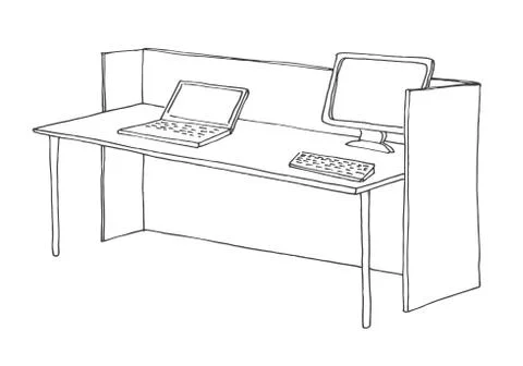 Work desk with a computer. Vector illustration of a sketch style. Illustrazione stock