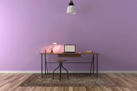 Work desk in empty room with big wall in background Stock Illustration