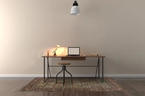 Work desk in empty room with big wall in background Stock Illustration