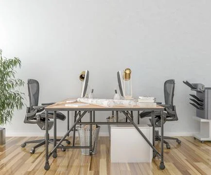 Work desk in empty room with big wall in background Stock Illustration