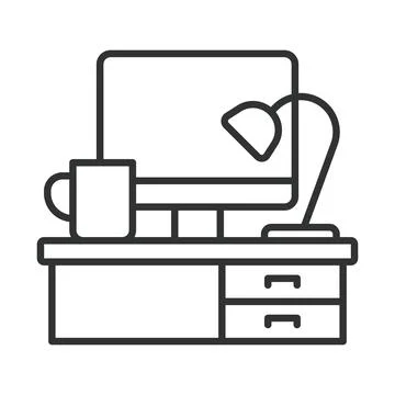 Work desk icon in line design. work desk, office desk, computer table, home Stock Illustration