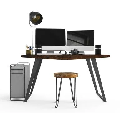 Work desk with a keyboard and two computer monitors on its surface, 3D rendered イラスト素材