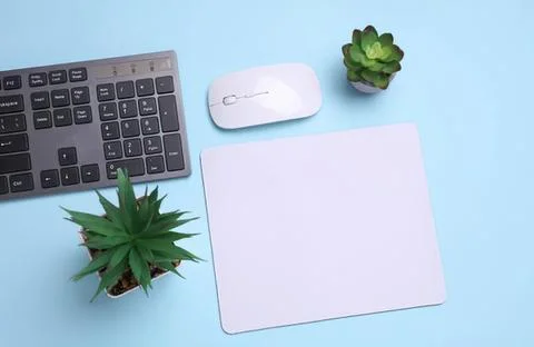Work desk with keyboard mouse notepad and plants on blue background Stock Photos