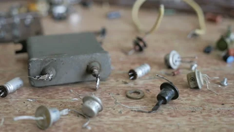 Work Desk With Obsolete Electronics Radio Components Stock Footage 98997490
