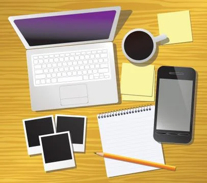 Work desk with office stationery, vector Stock Illustration