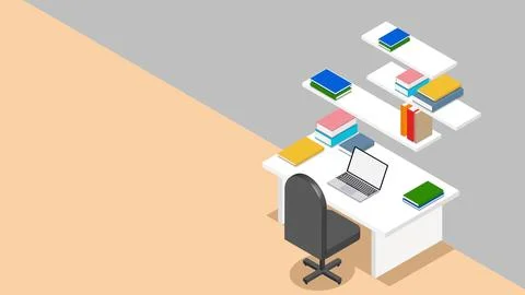 Work desk or study table with open laptop and stack of books isometric Illustrazione stock