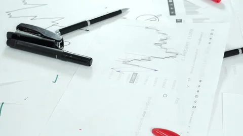 Work desk with papers and stationery. Stock Footage 158594783