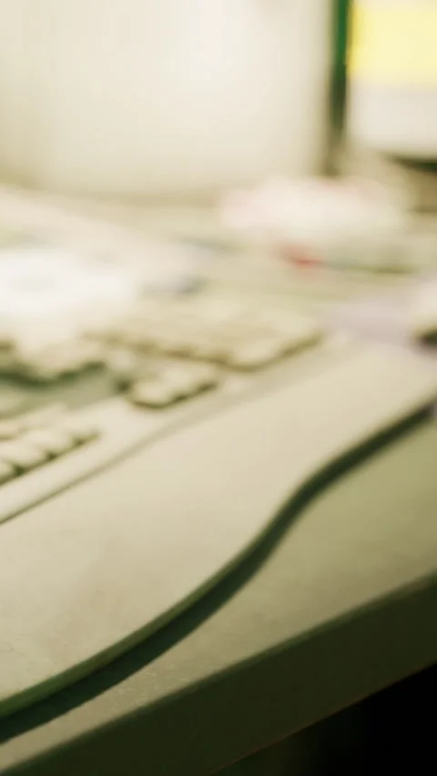 Work desk with phone, computer, and papers in office setting during day Stock Footage 339038540
