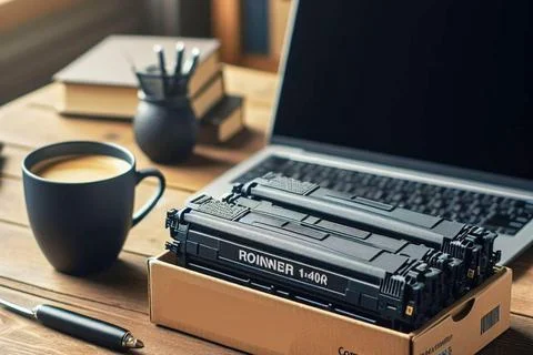 Work desk with tech products Foto stock