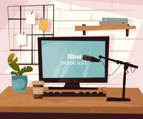 Work desktop of podcaster with microphone and computer. vector flat illustration Stock Illustration