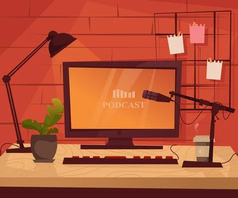 Work desktop of podcaster with microphone and computer. vector flat illustration Stock Illustration