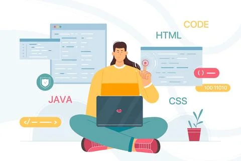 Work of developer and coder with interactive interface, coding with computer Stock Illustration