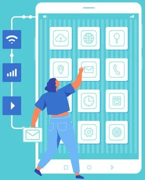 Work with development of application, program for phone. Woman looking at app Stock Illustration