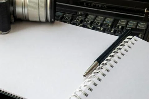 Work device with laptop, notebook, camera Stock Photos