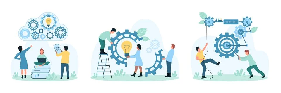 Work with digital business projects set, tiny people turn gears of factory Stock Illustration
