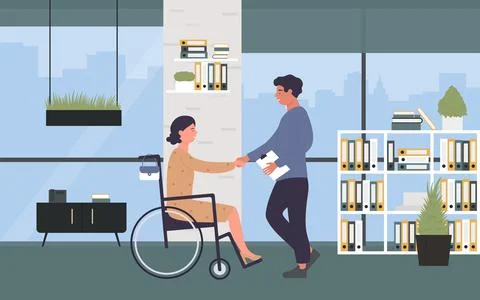 Work for disabled people, handicapped woman sitting in wheelchair, shaking hand Stock Illustration