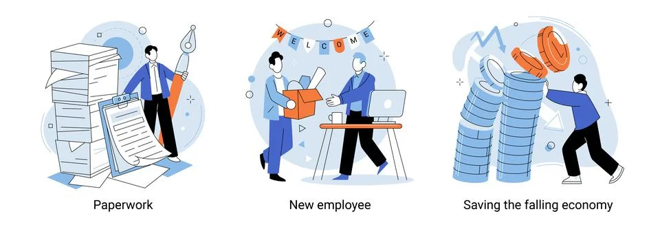 Work with documents and save falling economy. Businesspeople deal with paperwork Stock Illustration