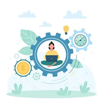 Work efficiency and workflow balance, tiny woman working with laptop inside Illustration