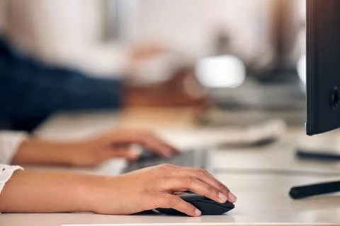 Work, email and hands on a computer mouse for business, internet or search for Foto stock