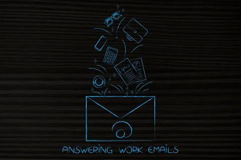 Work email with office objects coming out of it Stock Illustration