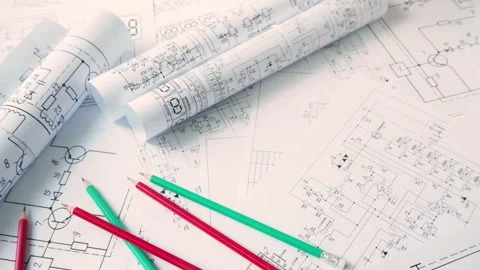 Work of engineer electronics. Paper engineering electrical drawings and pencils Stock Footage 138165808