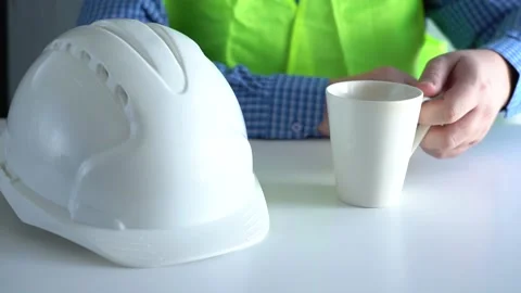 Work Engineer Put the white mug on the table. Wears a white hard hat. Stock Footage 155068466