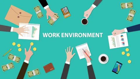 Work environment concept discussion illustration with paperworks, money and Stock Illustration