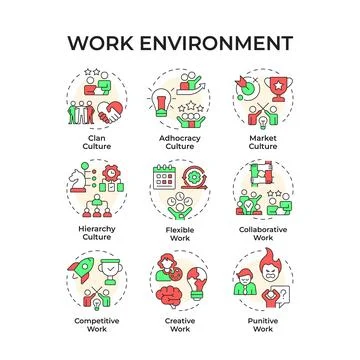 Work environment multi color concept icons Stock Illustration