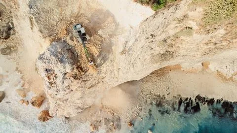 The work of escalators and the destroying of the cliff. Aerial view, top down Stock Photos