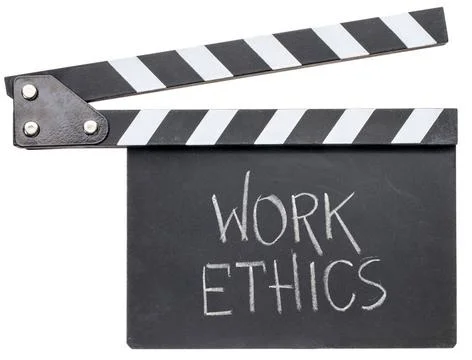 Work ethics text on clapboard work ethics in white chalk on clapboard isol... Stock-Fotos