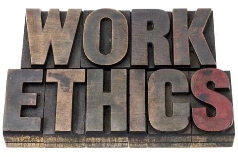  work ethics in wood type work ethics - isolated word in vintage letterpre... Stock-Fotos