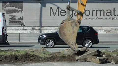 Work Excavator Bucket On The Road Stock Footage 91699603