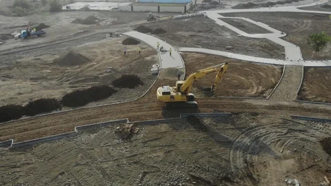 The work of the excavator. Digger from the air. Stock Footage 118162033