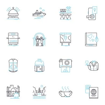 Work excursions linear icons set. Adventure, Team-building, Nerking, Fun Stock Illustration