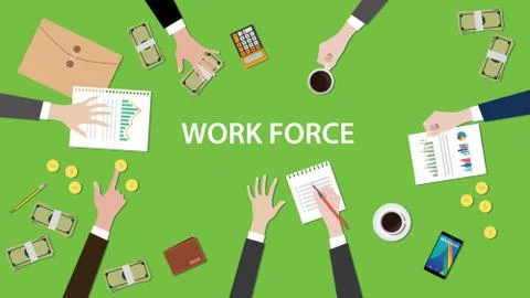 Work force concept discussion in a meeting illustration with paperworks, money Stock Illustration