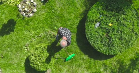 Work in the garden. The man is raking the grass with a rake. Taking care of t Video stock 197671616