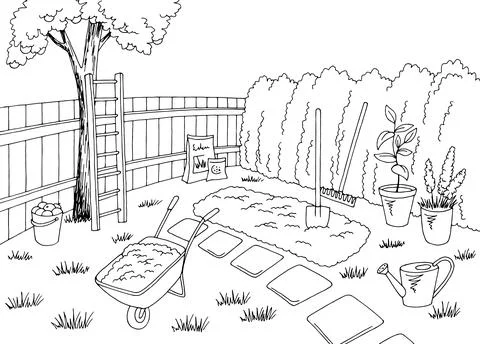 Work in garden yard graphic black white landscape sketch illustration vector イラスト素材